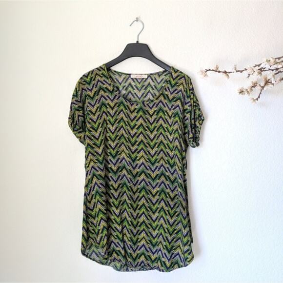 POMELO Anthropologie Geometric Drape Tunic Top Green Blue Pattern Shirt Small - Picture 7 of 8